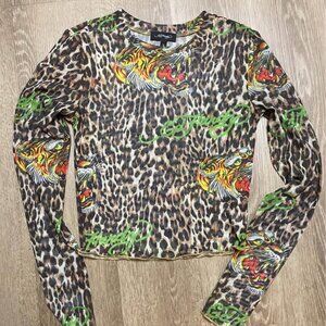 Ed Hardy Sheer Tiger & Cheetah Print Crop Top Lime Green Logo Long Sleeve –Small